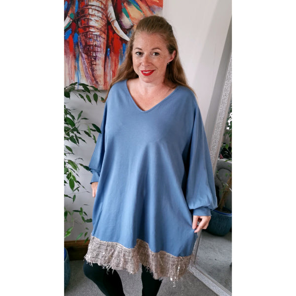 Bessie Sequin Batwing Top Denim Blue (sz 20-28)