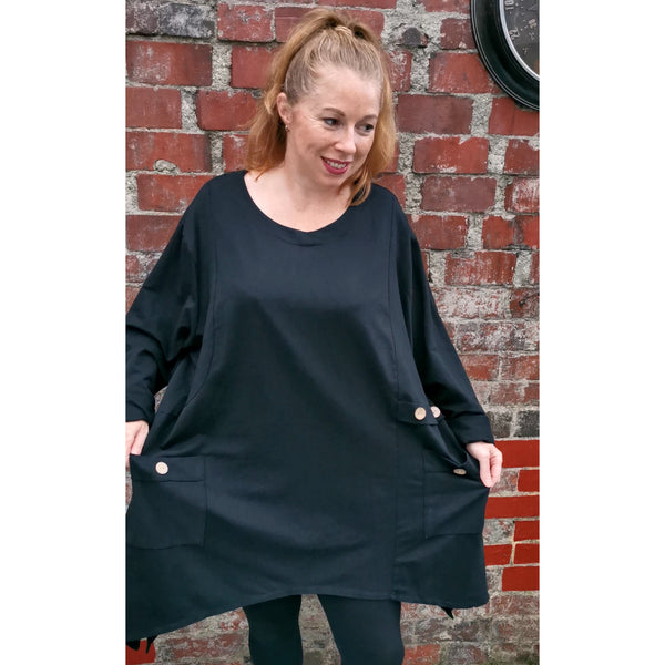 Maggie Cotton Pocket Top Black (sz 16-28)