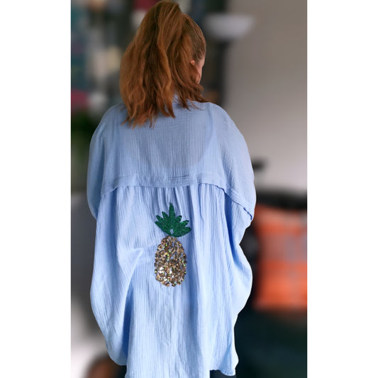 Pineapple Sparkle Shirt Sky Blue (sz 20-28)