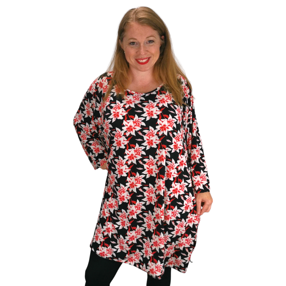 Jessica Stretch Print Top Red Lily (sz 20-28)