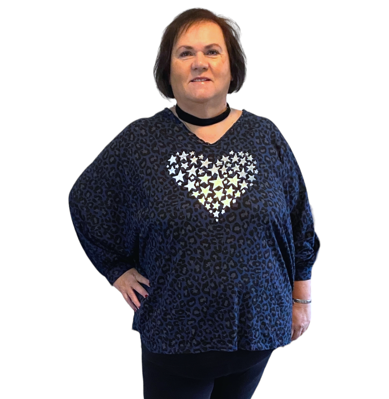 Daniella Star Heart Batwing Top Navy (sz 18-24)