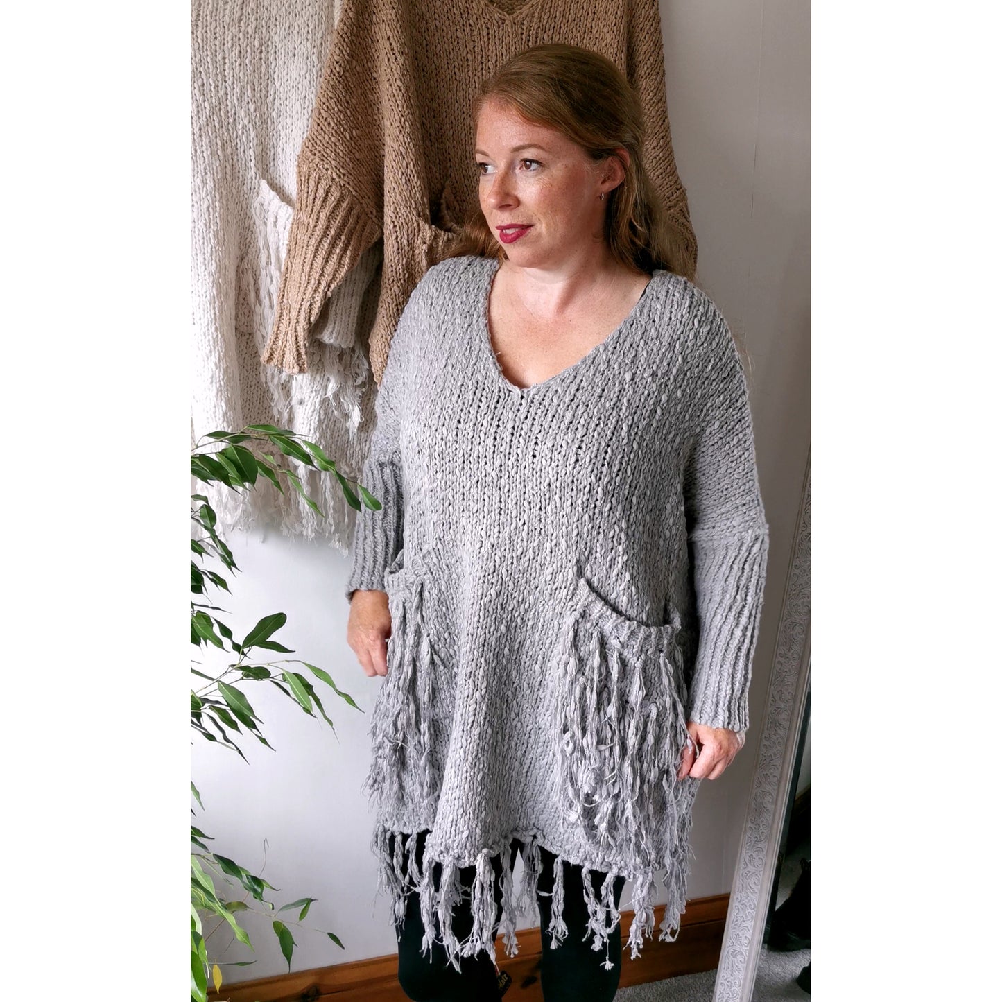 Kylie Chunky Knit Tassel Jumper Grey (sz 16-22)