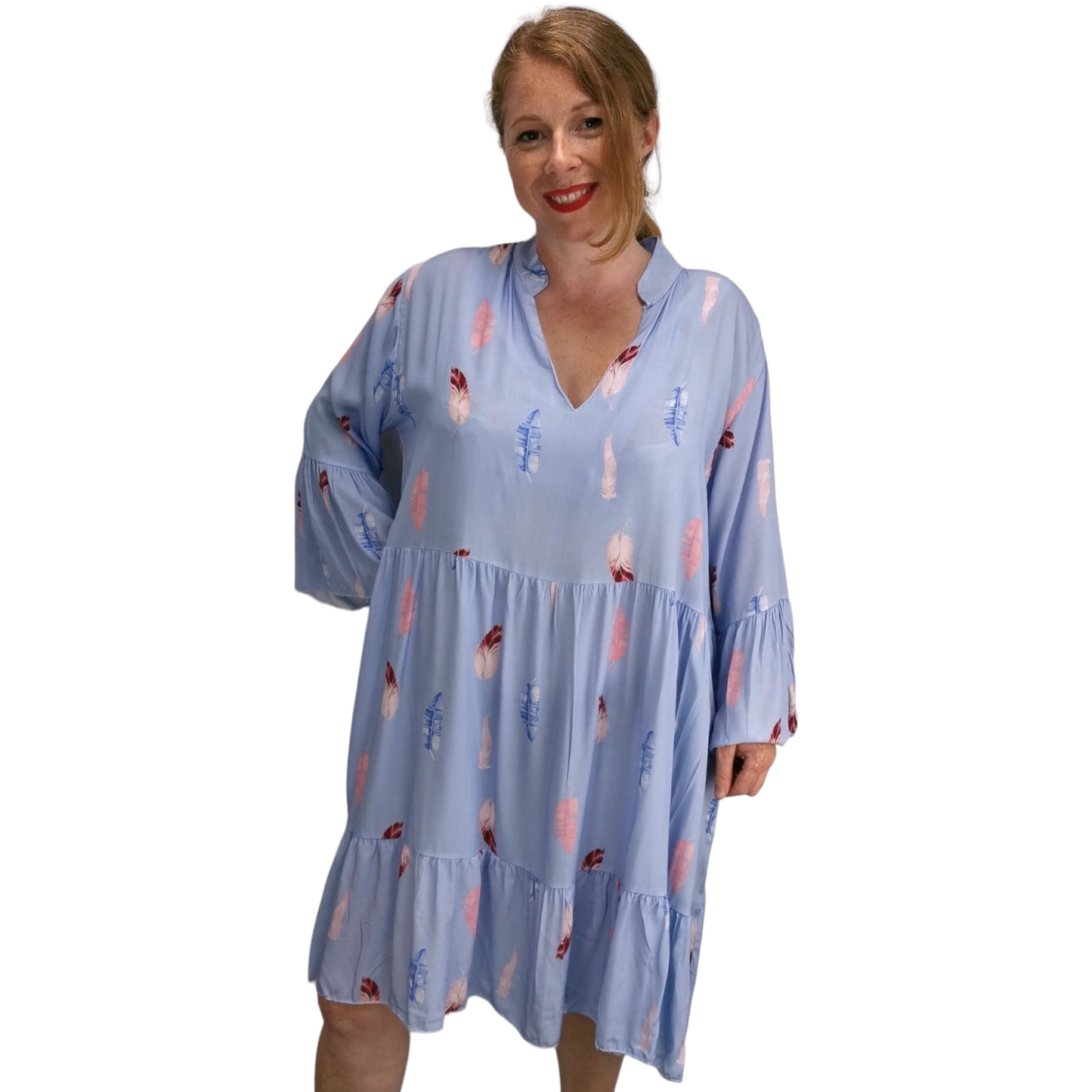 Laci Feather Print Smock Tunic Sky Blue (sz 16-22)