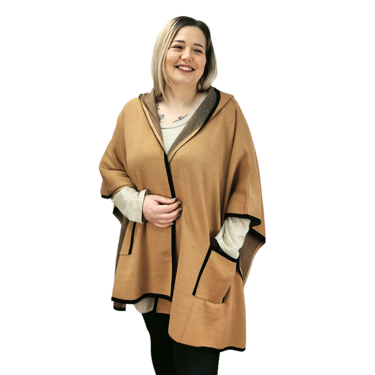 Janny Open Hooded Poncho Tan (sz 14-24)