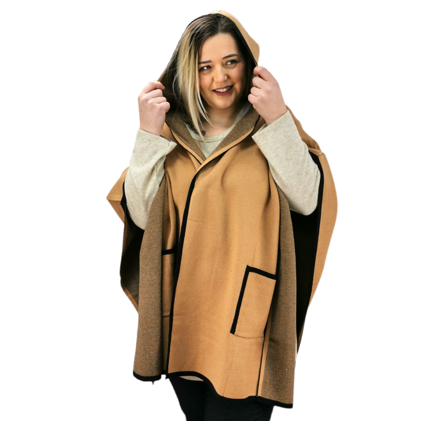 Janny Open Hooded Poncho Tan (sz 14-24)