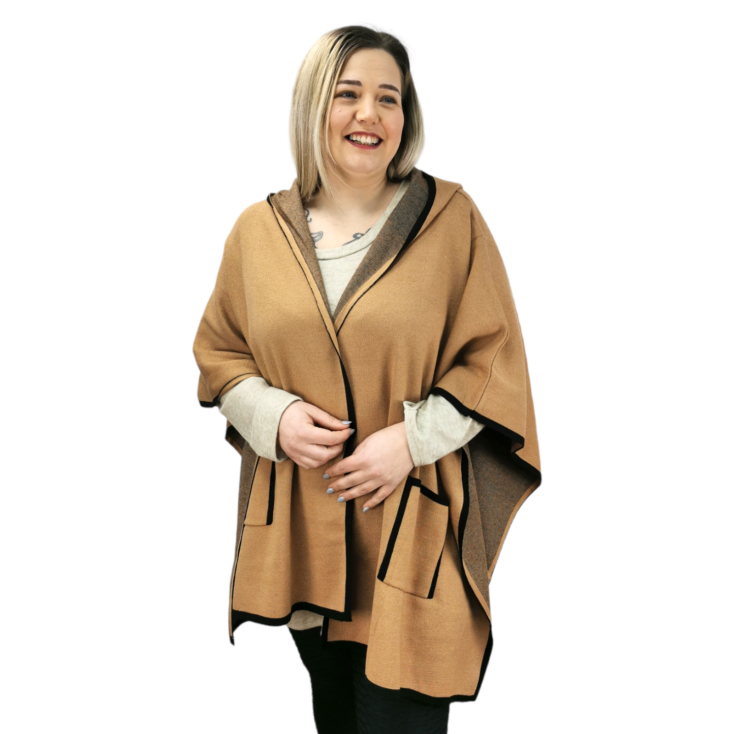 Janny Open Hooded Poncho Tan (sz 14-24)