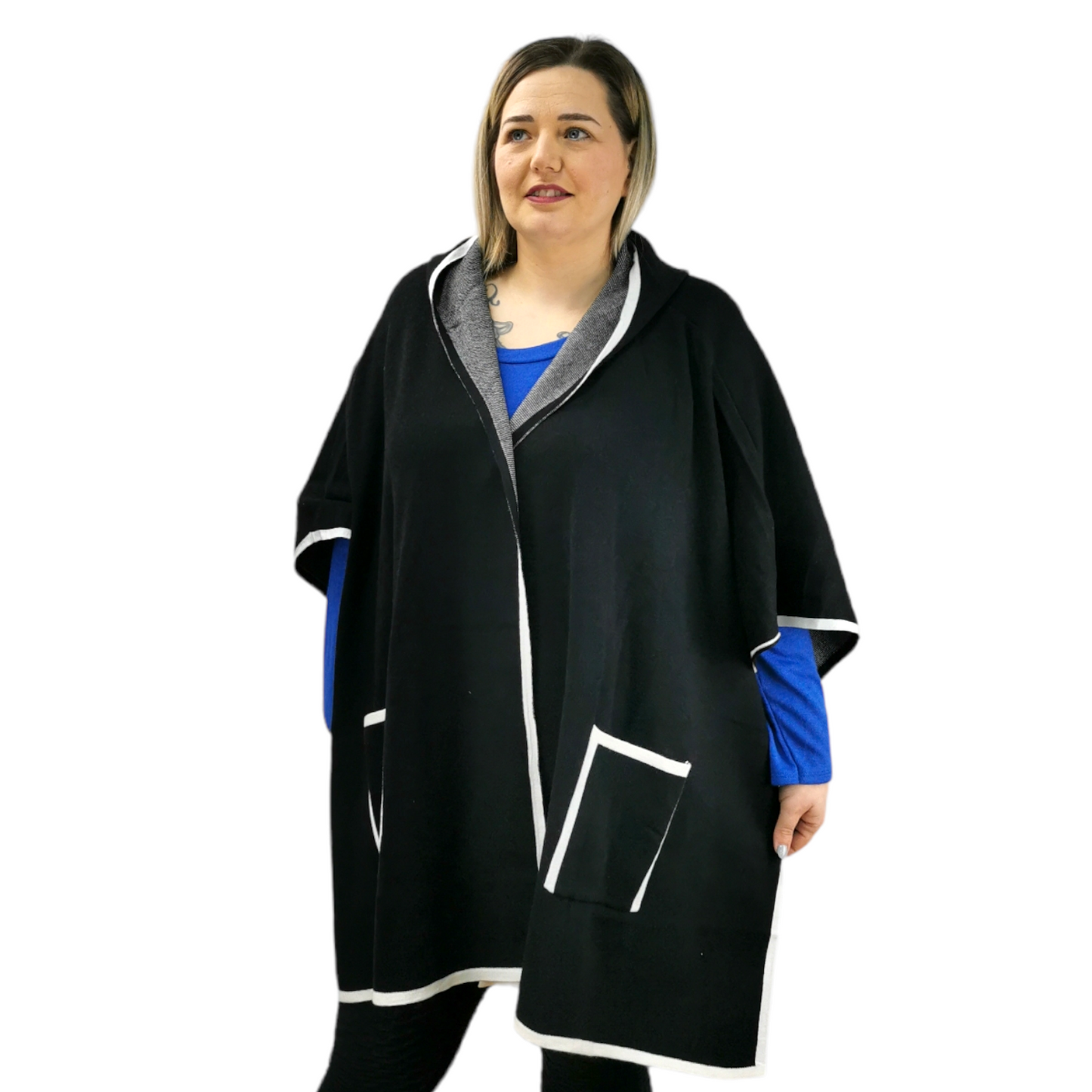 Janny Open Hooded Poncho Black (sz 14-24)