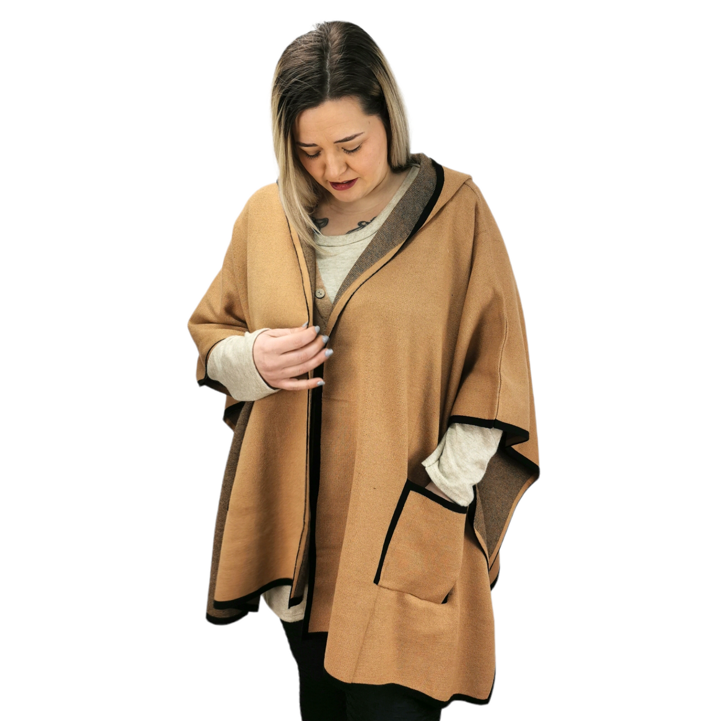 Janny Open Hooded Poncho Tan (sz 14-24)